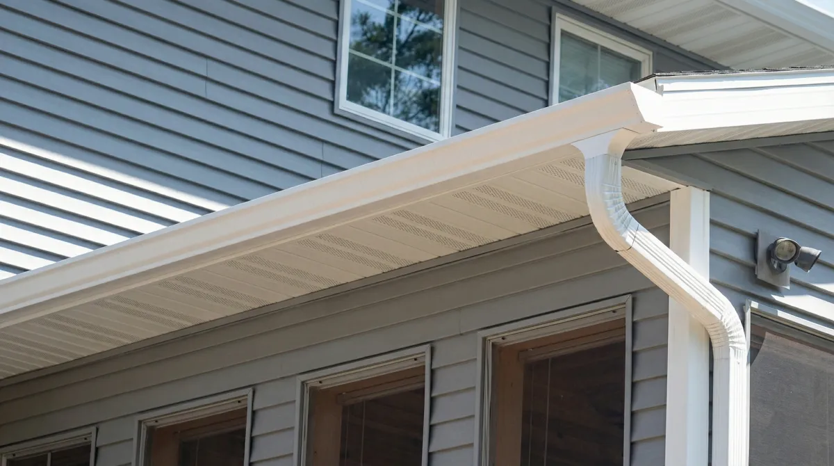 Professional home remodeling project showing newly installed white seamless gutters and downspouts on a house with gray siding in Ogden, UT