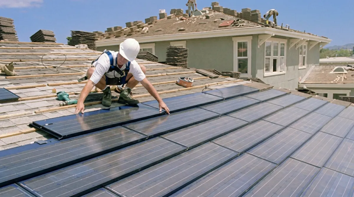 Roof replacement expert installing modern solar shingles on a residential home in Ogden, UT