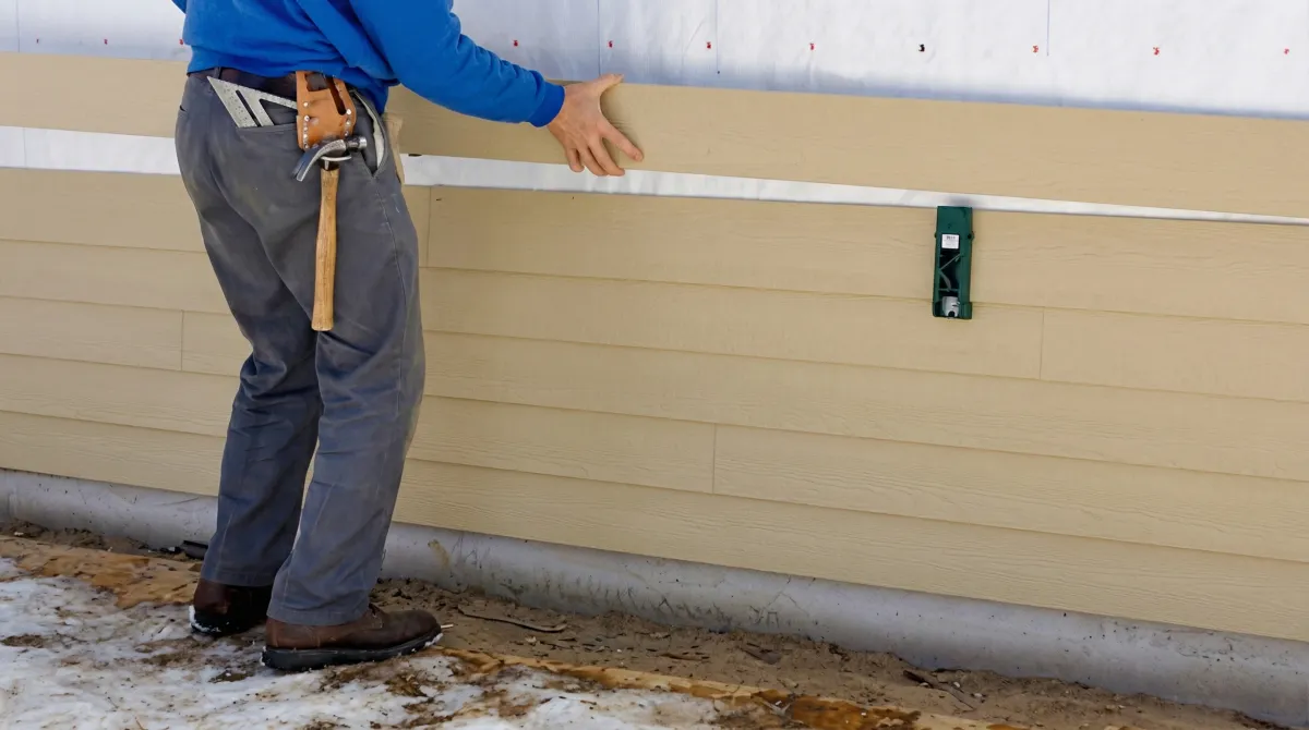 Siding replacement expert carefully aligning a new tan siding panel onto a residential exterior wall in Ogden, UT