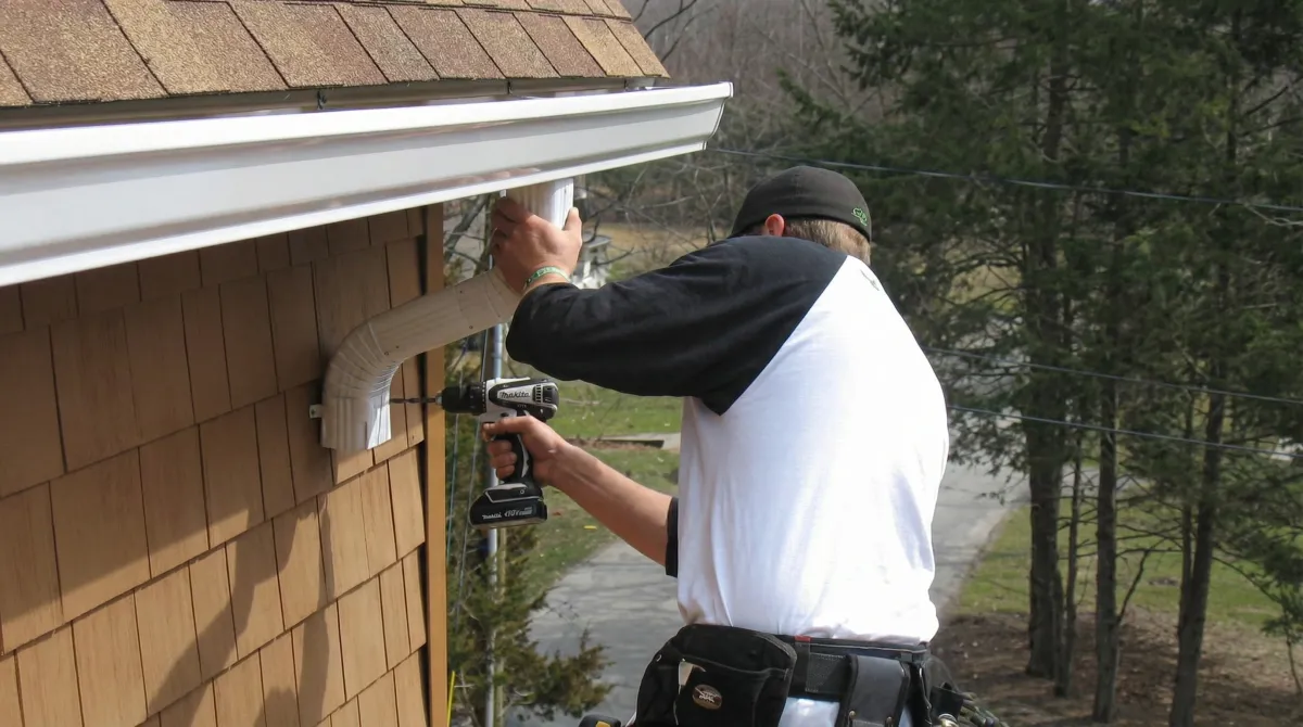 Professional contractor installing tan vinyl siding panels on a residential home exterior in Ogden, UT