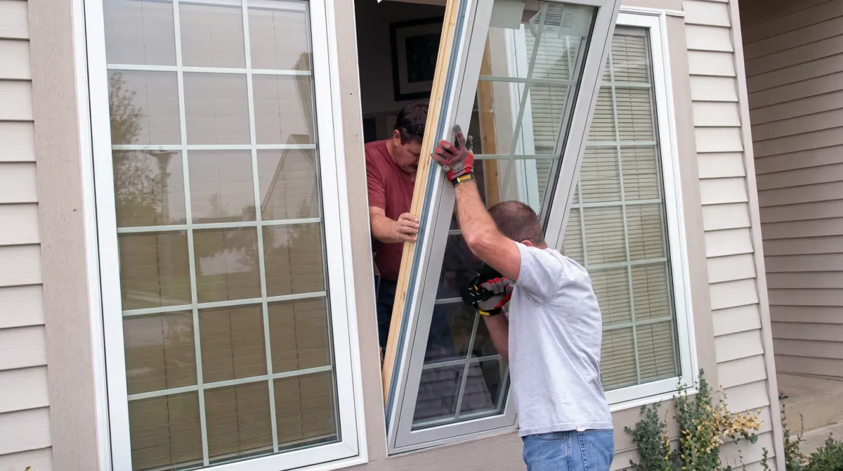 Professional home remodeling team installing a large replacement window on a house with tan siding in Ogden, UT